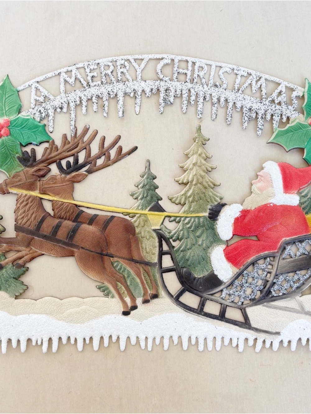 Vtg A MERRY CHRISTMAS Diecut Embossed Paper Santa Glitter 13x10 W Germany